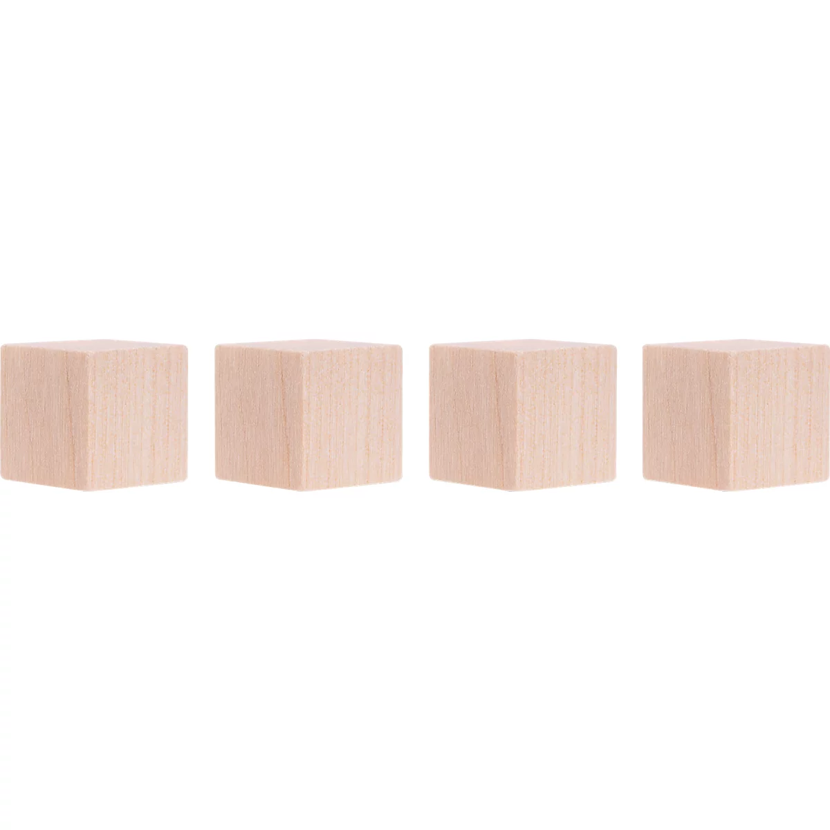Quatre cubes en bois naturel identiques alignés sur un fond blanc.
