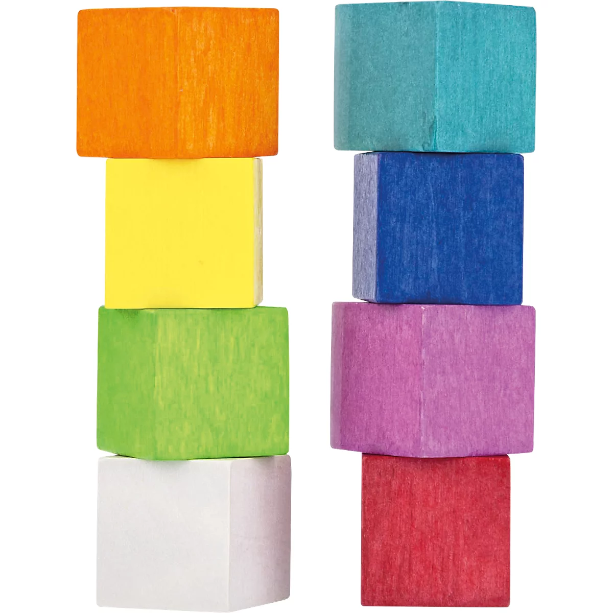 Twee stapels kleurrijke, vierkante houten blokken tegen een witte achtergrond.