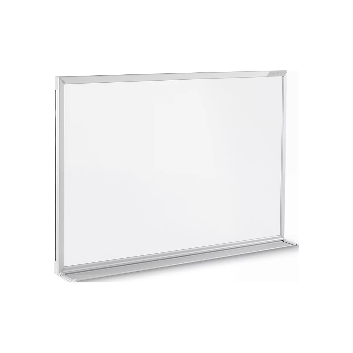 Whiteboard with a light aluminium frame and shelf. Perspective view.