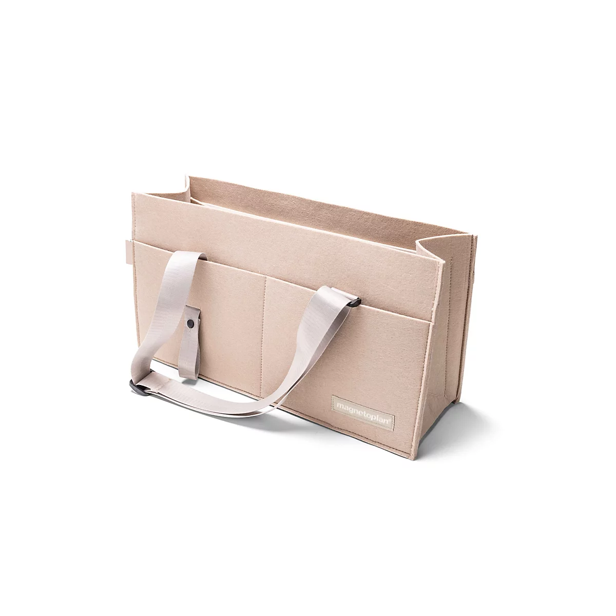 Sac organisateur en feutre beige avec poignées et poches extérieures sur fond blanc.