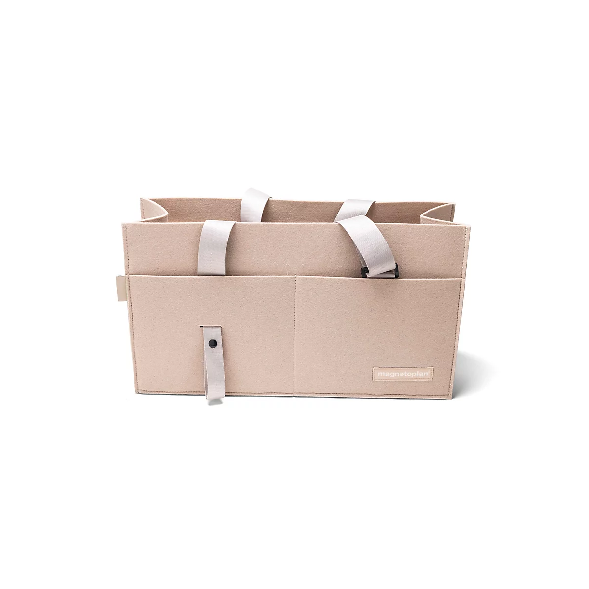 Sac de rangement en feutre beige avec poignées de transport et poches extérieures pratiques sur fond blanc.