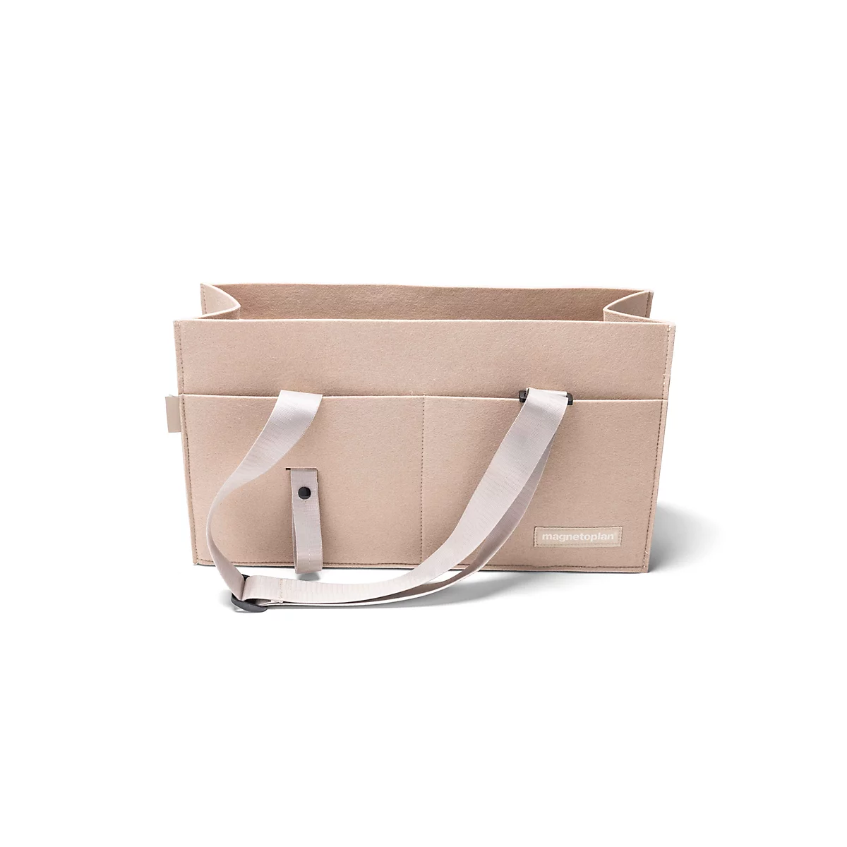 Beige opbergtas van vilt met handgrepen en buitenzakken tegen een witte achtergrond.