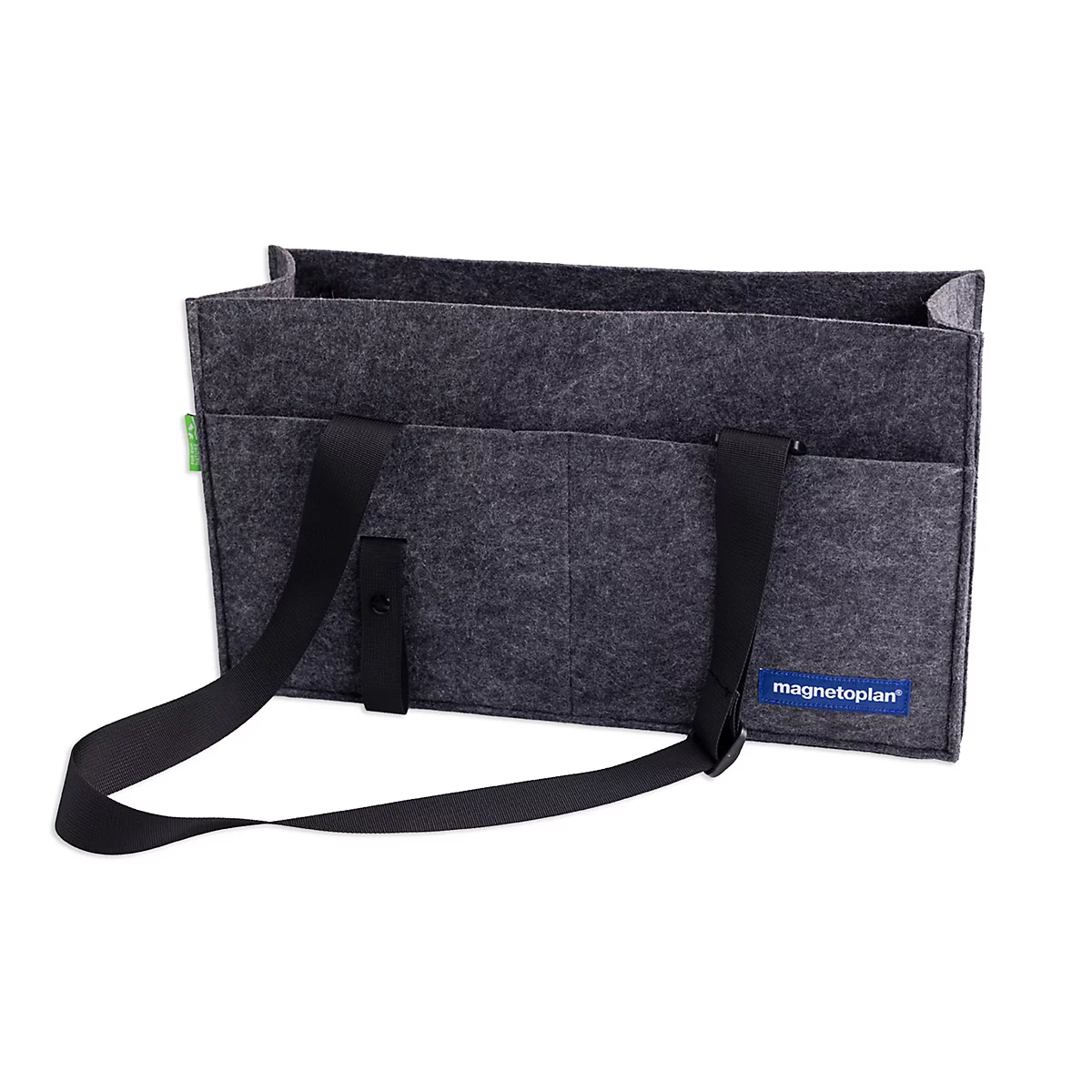 Donkergrijze vilten tas met zwarte riemen en blauw Magnetoplan-logo op een witte achtergrond.