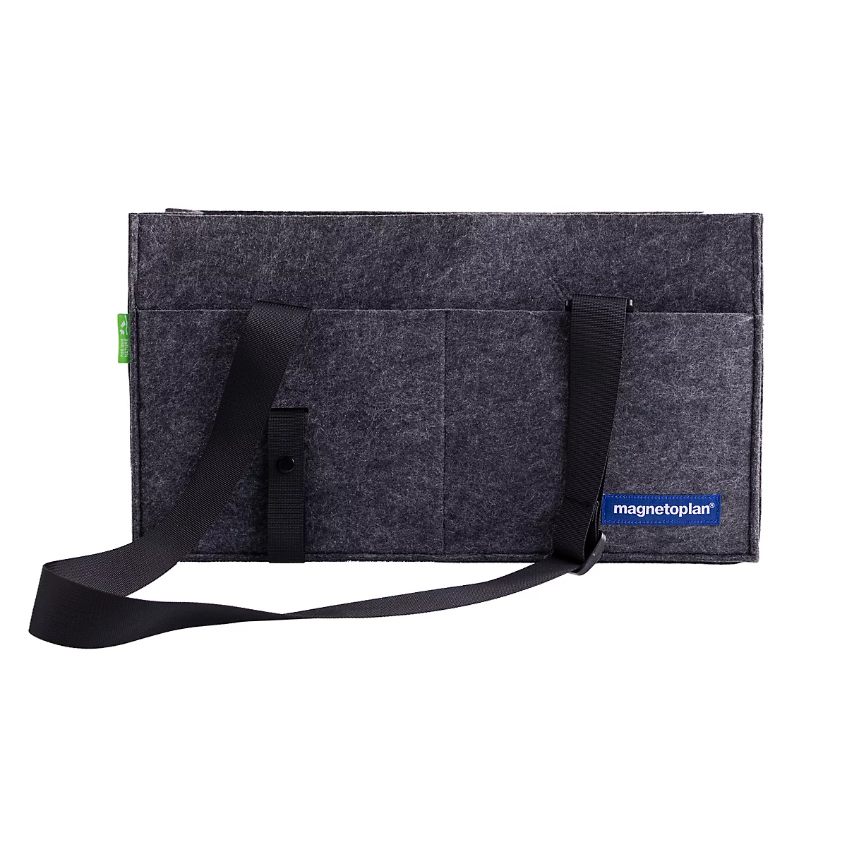 Donkergrijze vilt organizer tas met zwarte draagbanden en blauw Magnetoplan-logo op een witte achtergrond.
