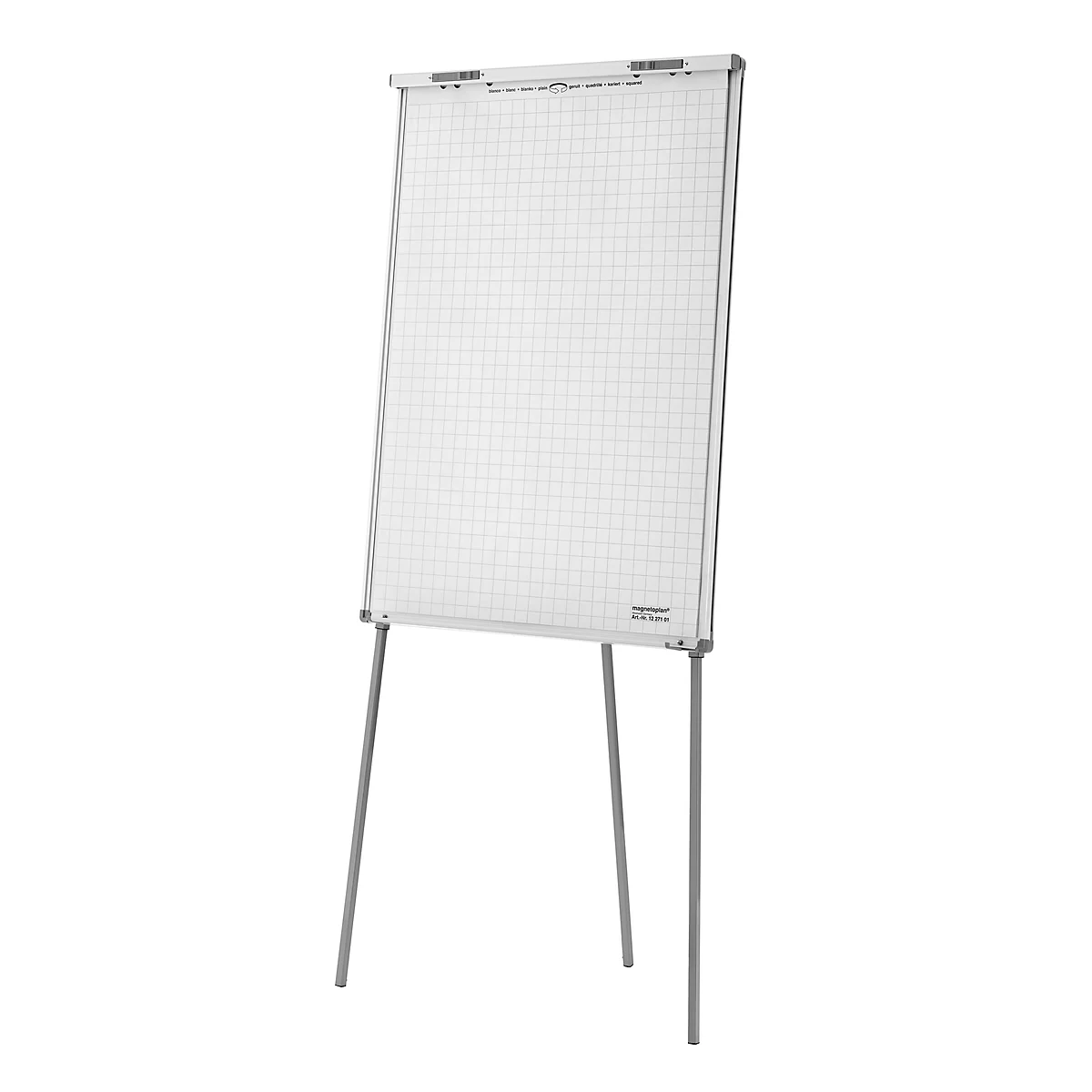 Een wit flip-overbord met geruit papier staat op een zilveren statief.