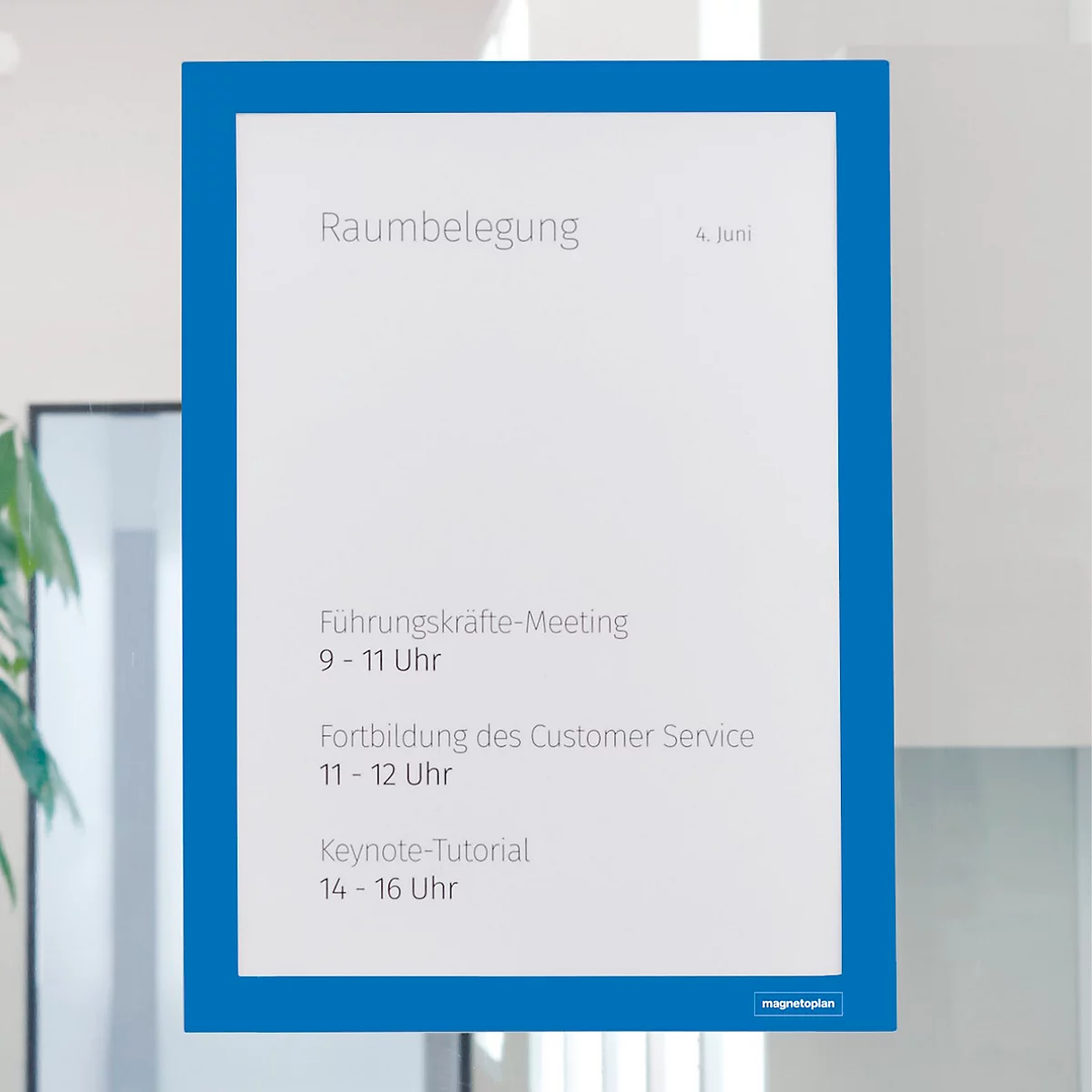 Blauer Magnetoplan Magnetfix Info-Rahmen mit Produktinfos zu Größen, Farben und Packungsinhalt auf weißem Hintergrund.