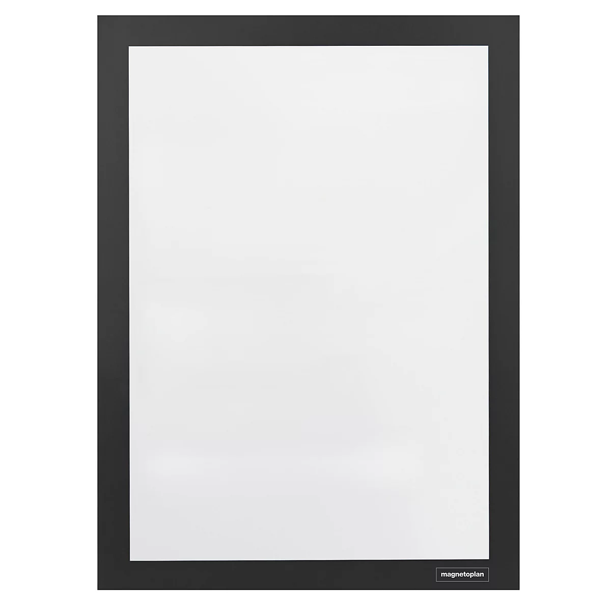 Rechteckiger Magnetrahmen mit schwarzem Rand und weißer Innenfläche vor weißem Hintergrund.