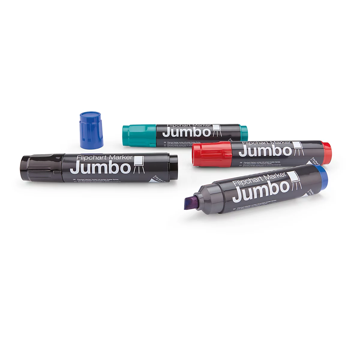 Verschiedenfarbige Flipchart-Marker mit der Aufschrift "Jumbo" auf weissem Hintergrund.