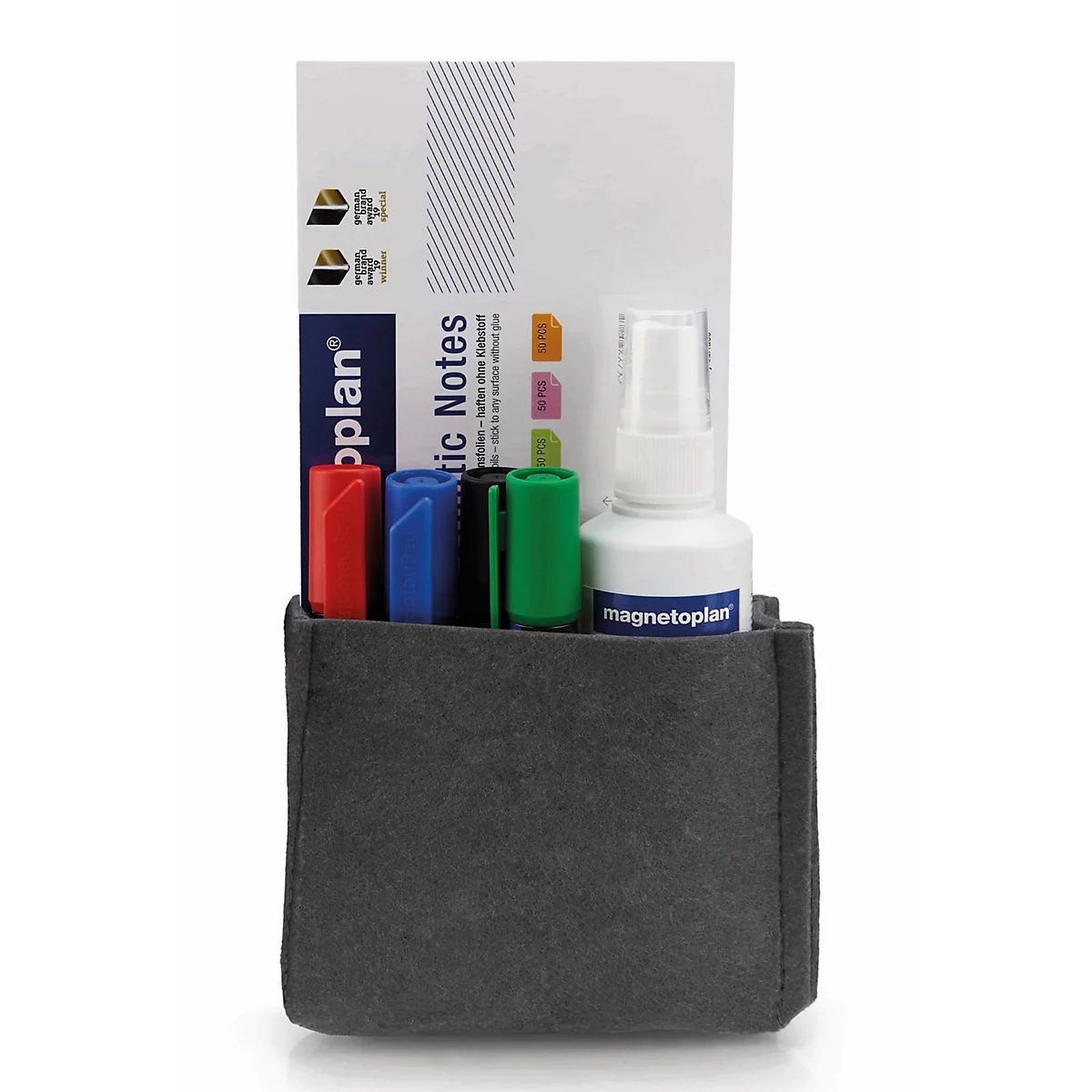 Grijze vilten etui gevuld met Magnetoplan boardmarkers, een reiniger en een notitieblok op een witte achtergrond.