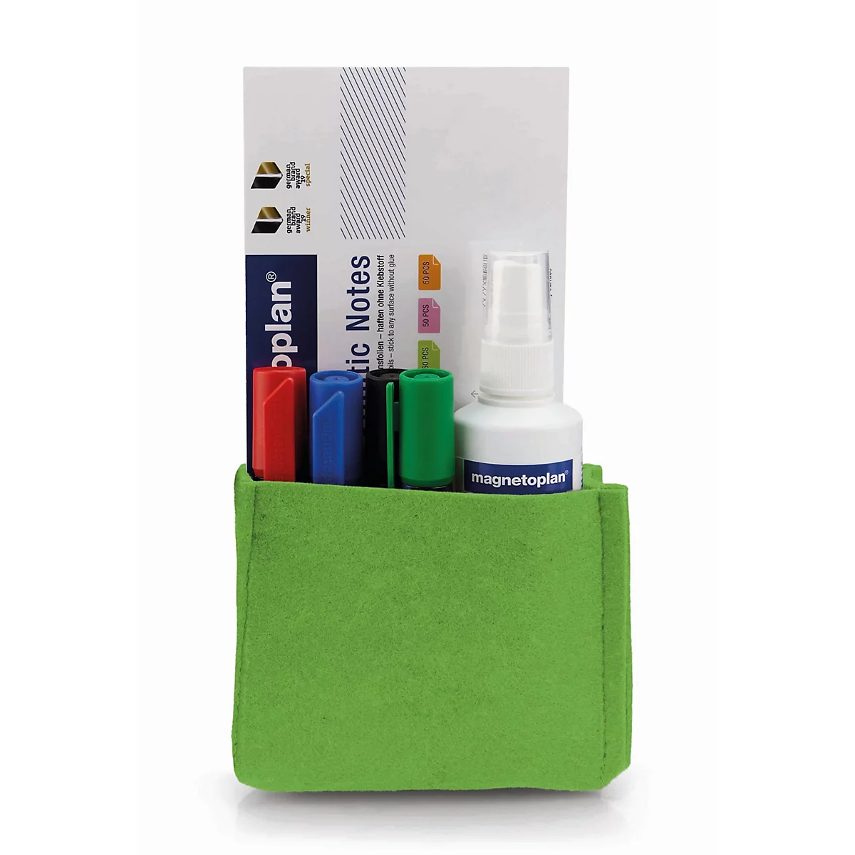 Groen vilten zakje gevuld met magnetoplan stiften, notities en reinigingsspray tegen een lichte achtergrond.