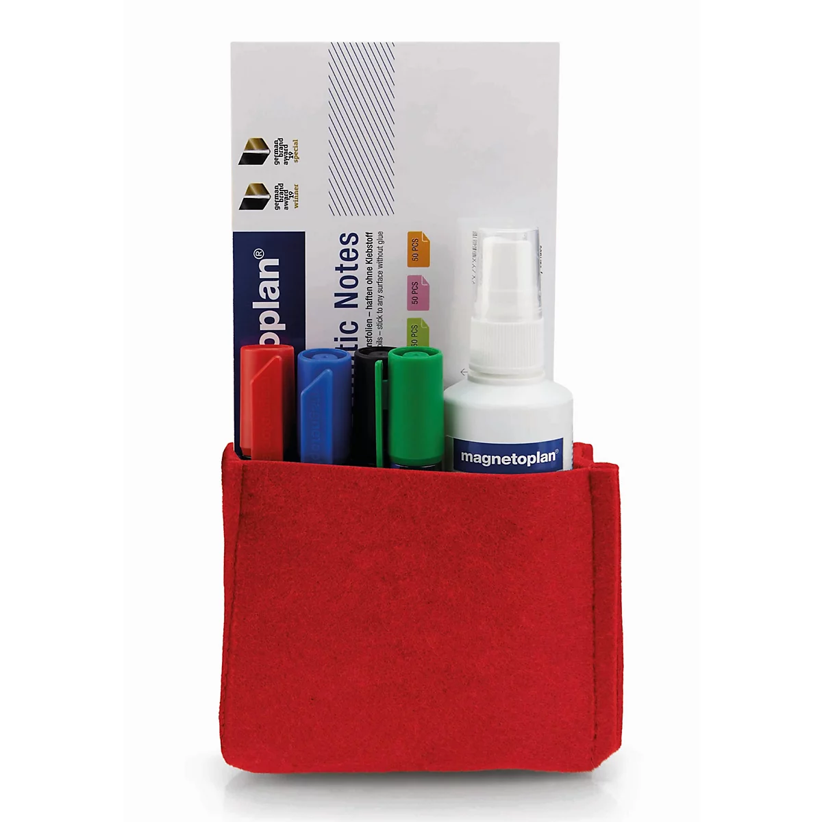 Rode vilten tas met pennen, notitieblokken en reinigingsspray van Magnetoplan tegen een lichte achtergrond.