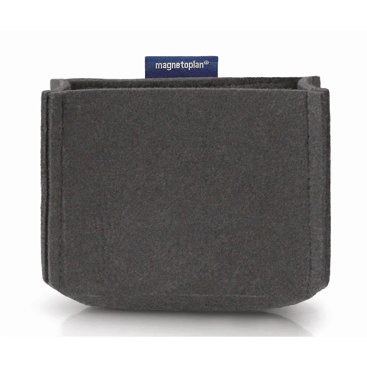 Boîte de rangement en feutre gris foncé avec un petit logo bleu magnetoplan sur fond clair.
