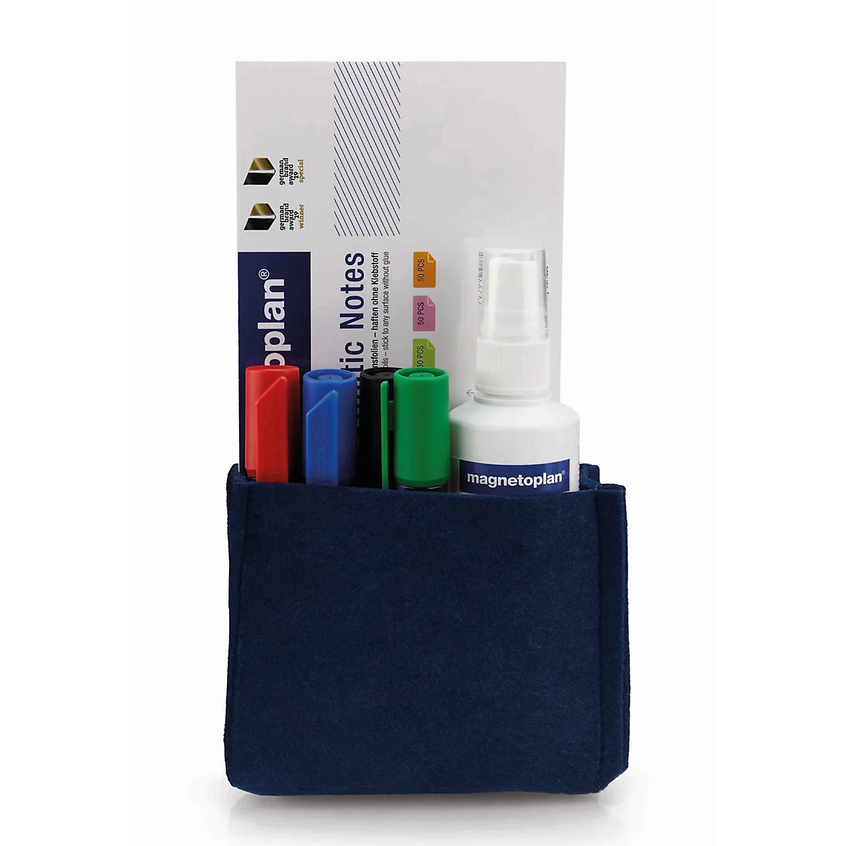 Dunkelblaue Utensilientasche mit Magnetoplan Markern, Notizzetteln und Reinigungsspray vor hellem Hintergrund.