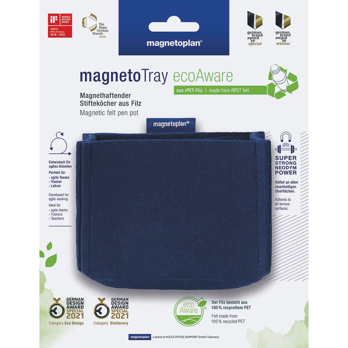 Dunkelblauer, magnetischer Stifteköcher aus Filz auf einer Produktverpackung mit Text und Auszeichnungen.