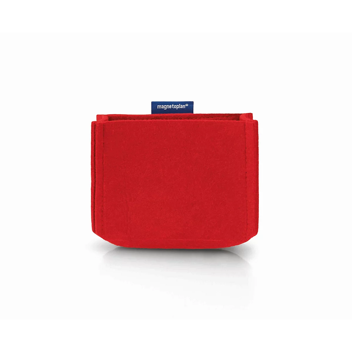 Roter Filz-Aufbewahrungsbehälter mit dem blauen Logo von magnetoplan oben am Rand.