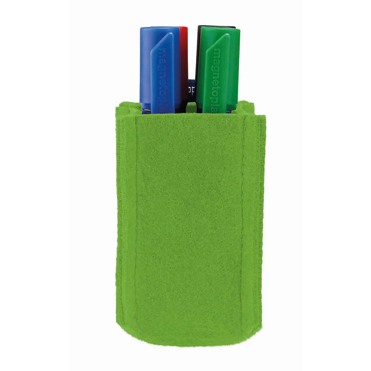 Lichtgroene vilten etui met twee markers in blauw en groen erin.