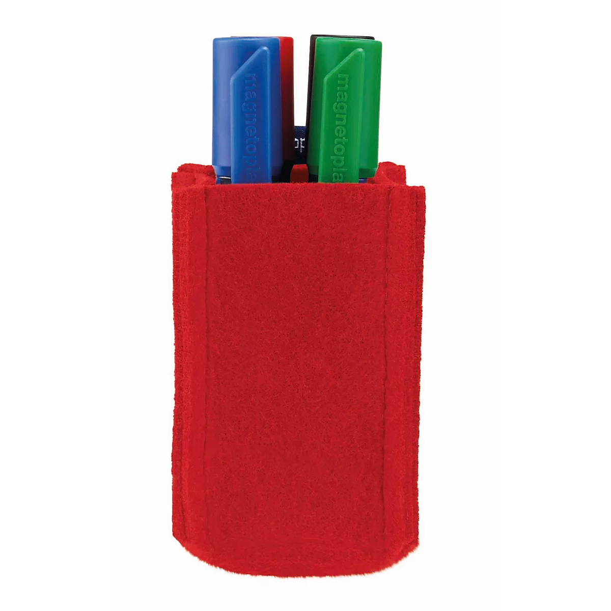 Rode vilten etui met twee pennen in blauw en groen tegen een lichte achtergrond.