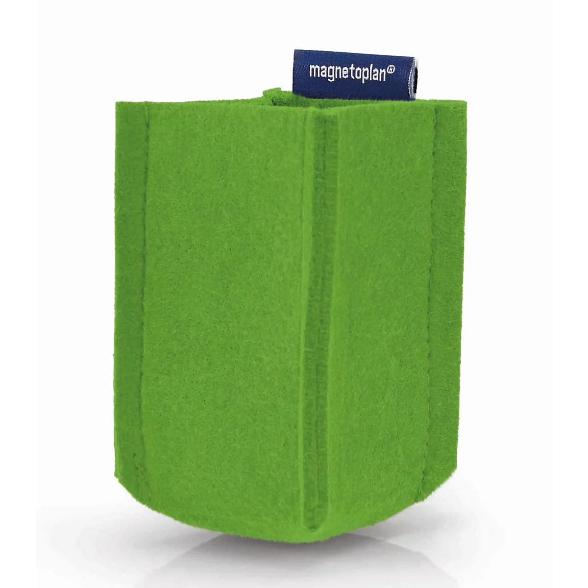 Conteneur en feutre vert pour fixation magnétique avec étiquette logo magnetoplan bleue sur fond blanc.