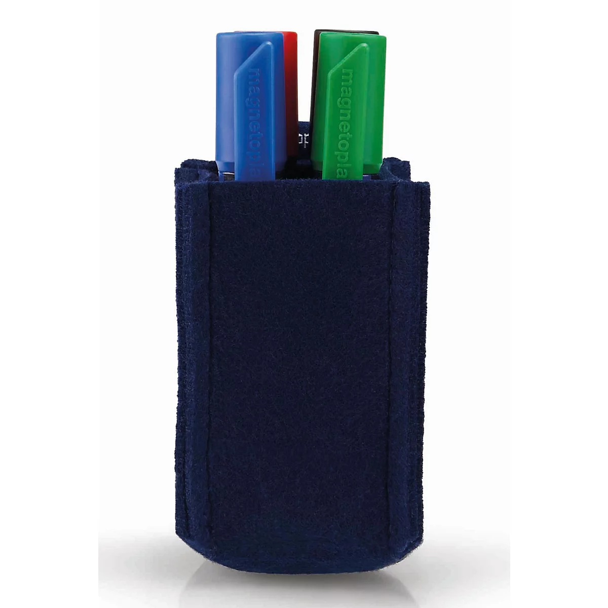 Étui en feutre bleu foncé contenant des marqueurs bleus, rouges et verts sur fond clair.