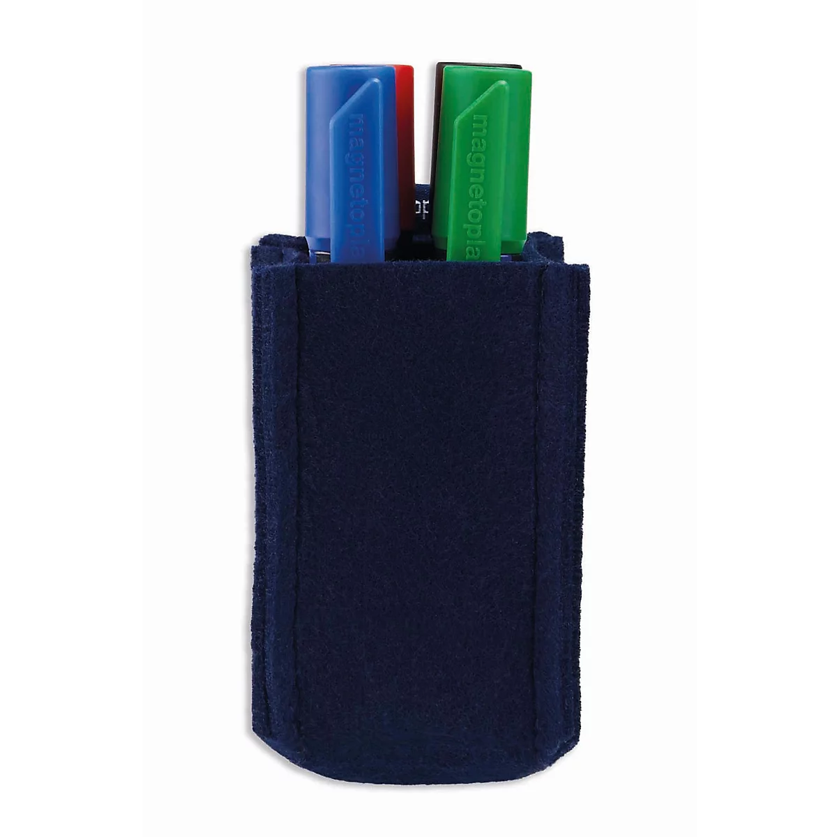 Un porte-stylos en feutrine bleu foncé contenant trois marqueurs colorés.