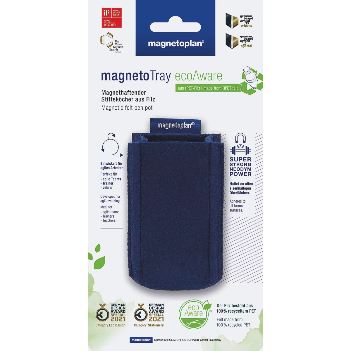 Porte-stylo magnétique magnetoTray ecoAware en feutre bleu sur emballage produit.