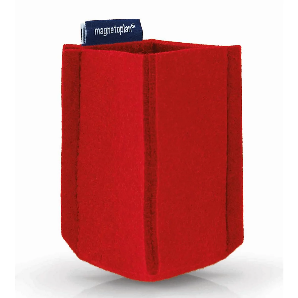 Un porte-stylo en feutre rouge avec une petite étiquette bleue de la marque magnetoplan sur le bord supérieur.