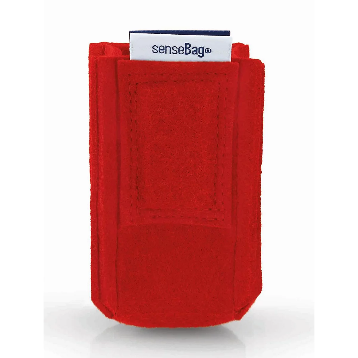 Rote senseBag-Stifttasche aus Stoff mit kleinem Markenetikett vor neutralem Hintergrund.