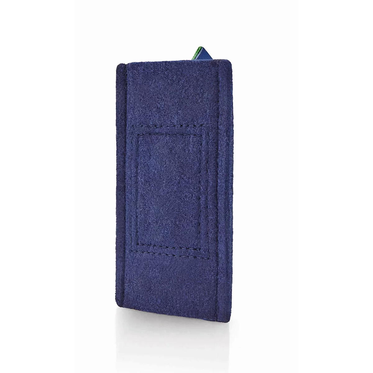 Een smal, rechthoekig etui van donkerblauw vilt tegen een witte achtergrond.