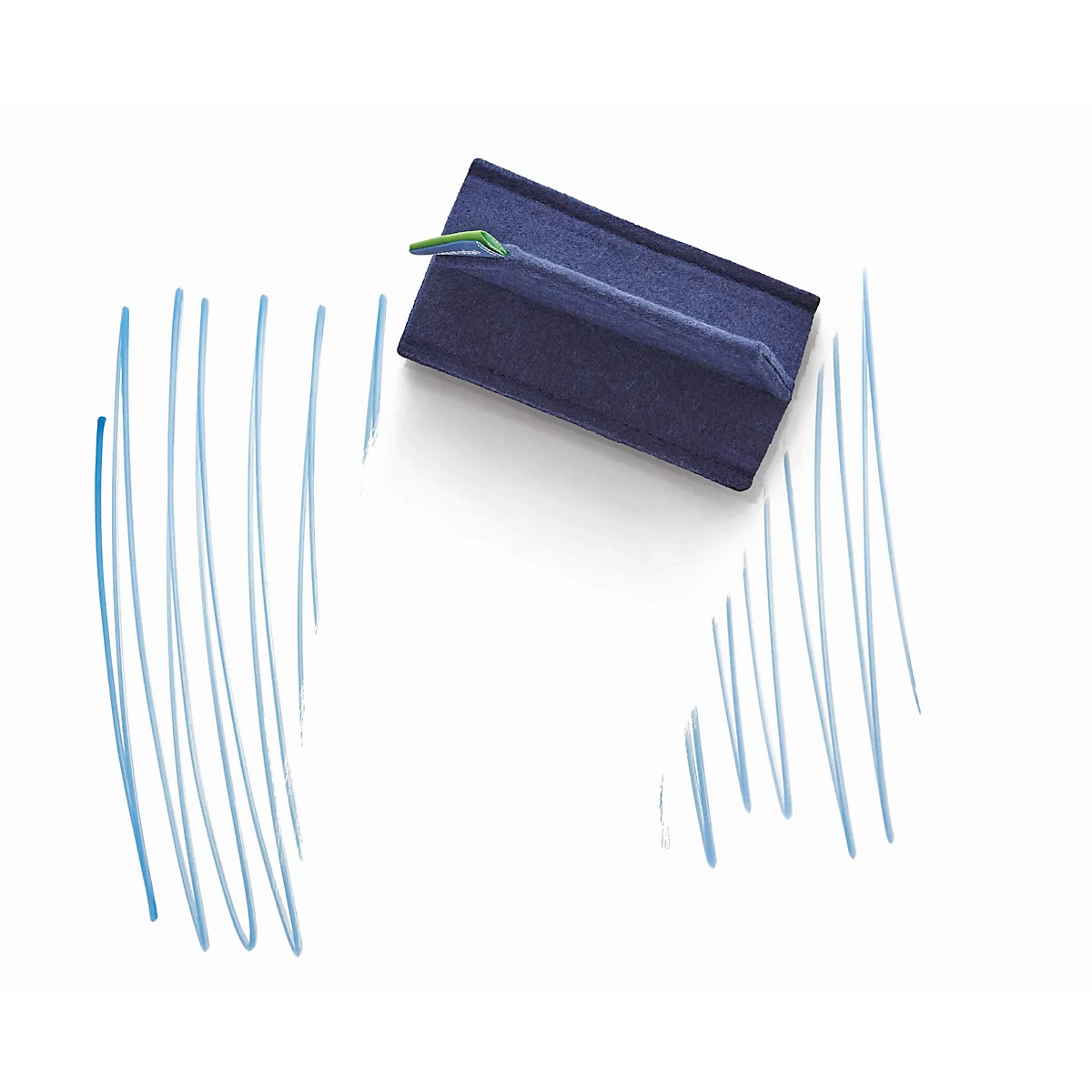 Een donkerblauwe gum verwijdert blauwe lijnen op een witte ondergrond.