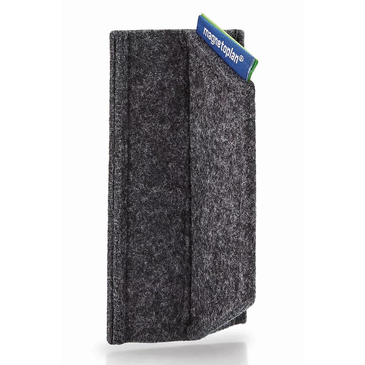 Rechthoekige donkergrijze vilten organizer met een blauw Magnetoplan-logo label aan de bovenrand.