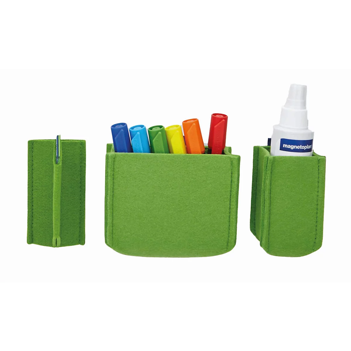 Groene vilten bureau-organizers met kleurrijke pennen en een spuitfles op een lichte achtergrond.