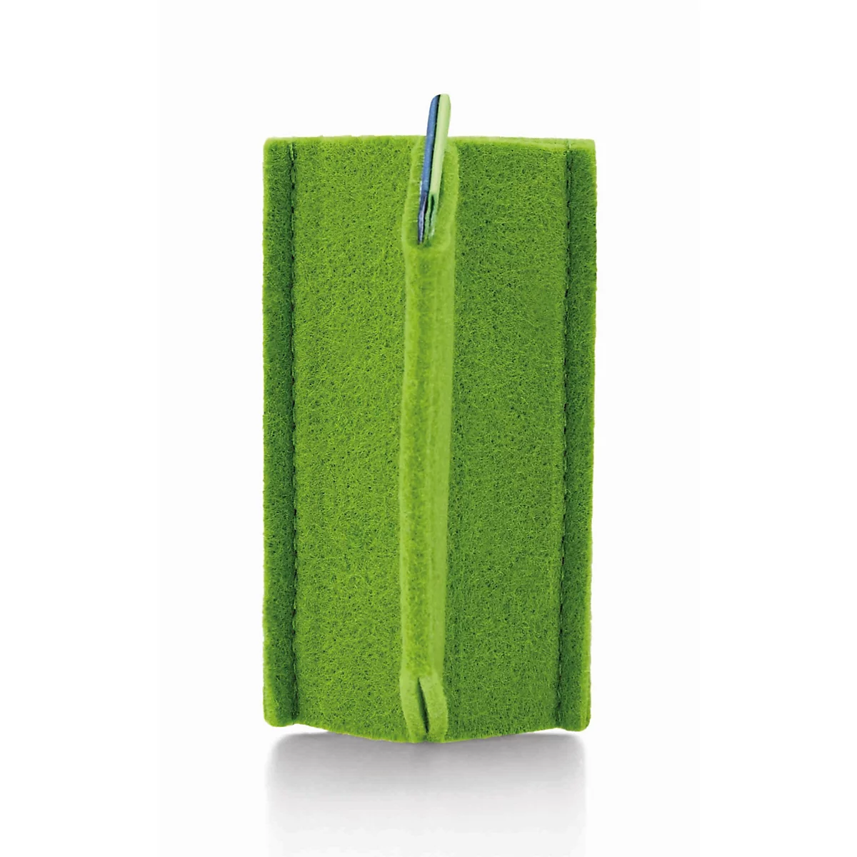 Een felgroen vilt etui met een verticale lus tegen een lichte achtergrond.