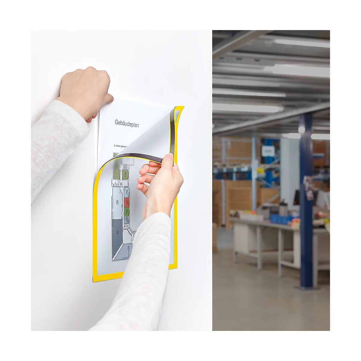 Magnetischer Dokumentenrahmen mit gelbem Rand haftet auf Whiteboards, Schaukästen und Metalloberflächen.