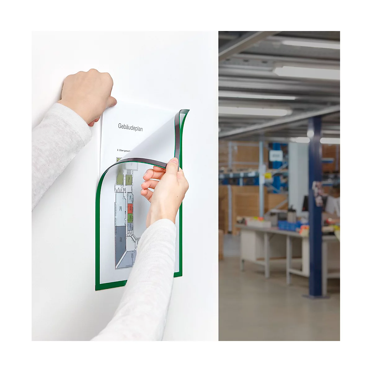 Magnetischer Dokumentenrahmen an einer metallischen Oberfläche, der Flexibilität bei der Befestigung zeigt.