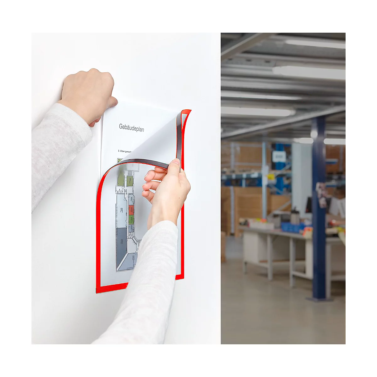 Infografik zeigt magnetischen Dokumentenrahmen an Whiteboard, Metallschrank und in Handhabung.