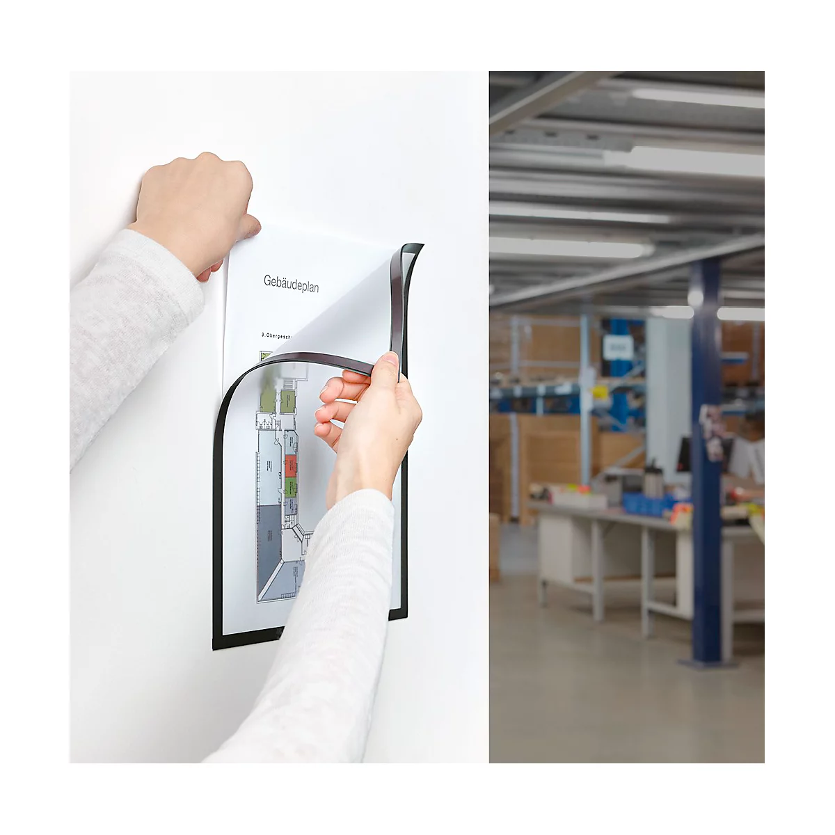 Magnetischer Dokumentenrahmen an Whiteboard, Schrank und Wand befestigt. Text erklärt die magnetische Haftung.