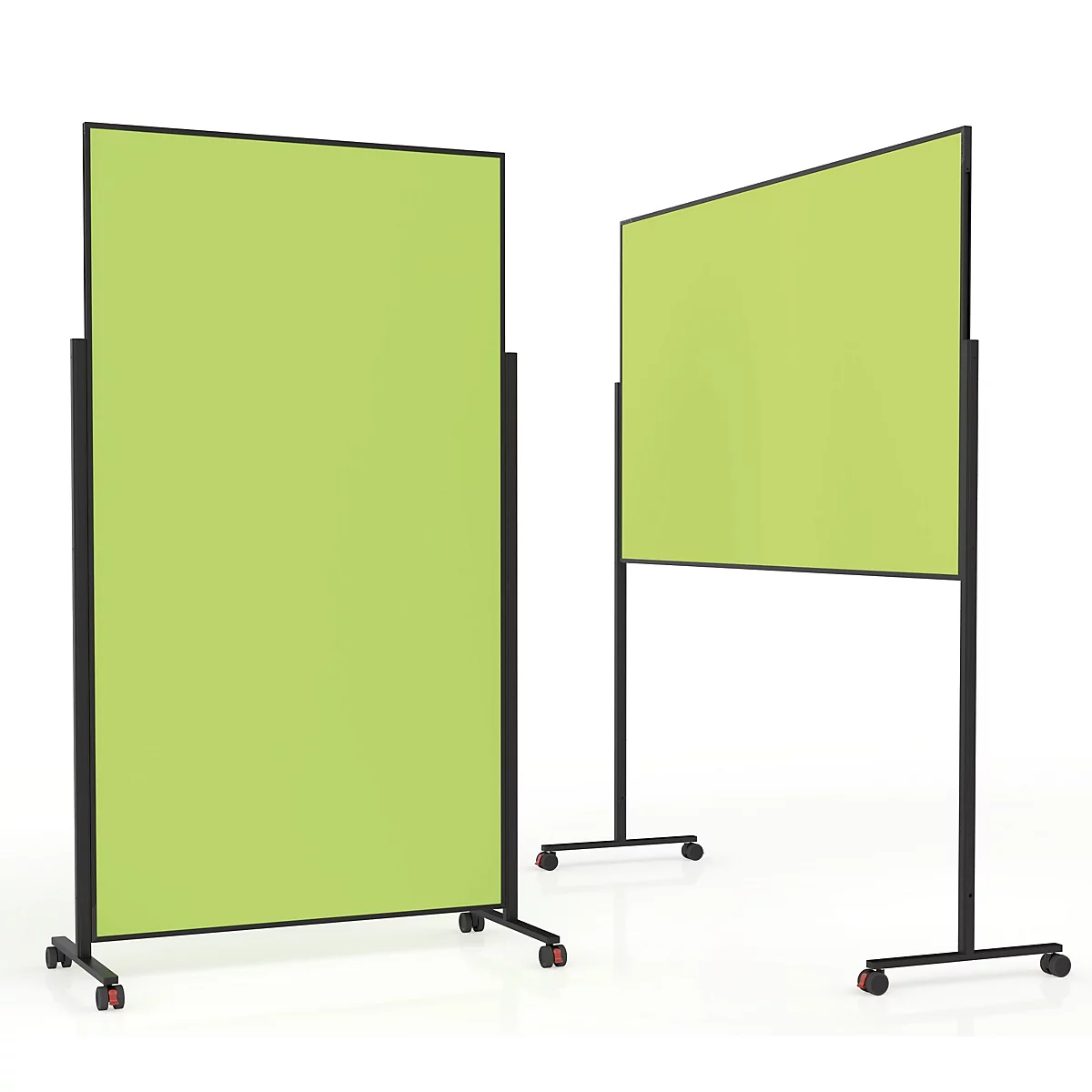 Twee lichtgroene verrijdbare scheidingswanden met zwart frame op wieltjes voor een witte achtergrond.