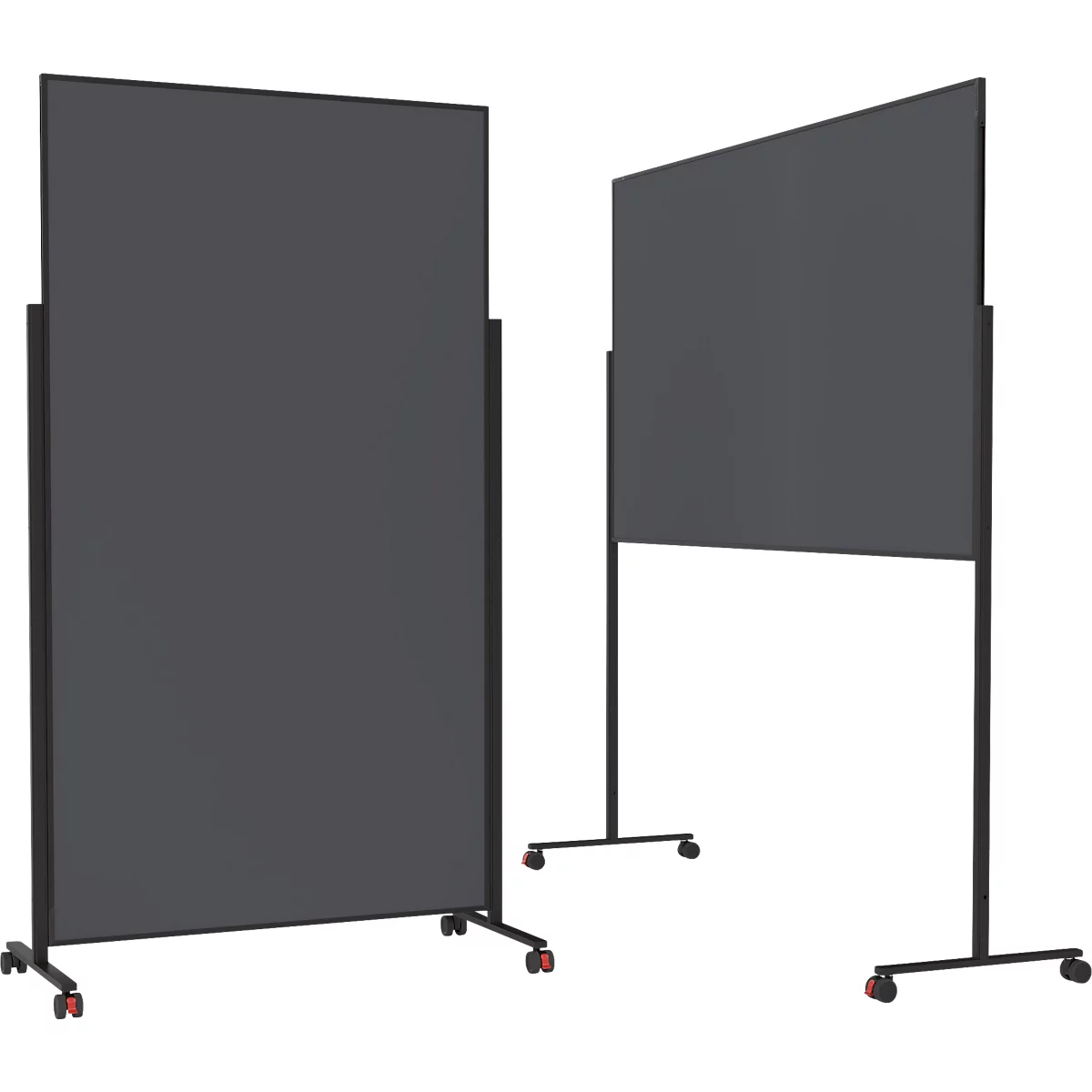 Twee verrijdbare, donkergrijze scheidingswanden met een zwart metalen frame op wielen.