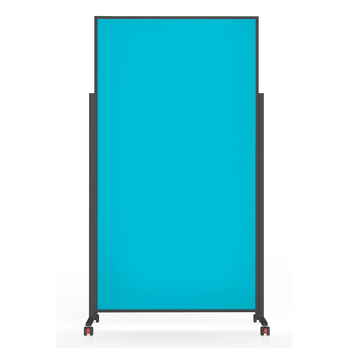 Rechthoekige, lichtblauwe ruimteverdeler met zwart frame op wielen tegen een witte achtergrond.