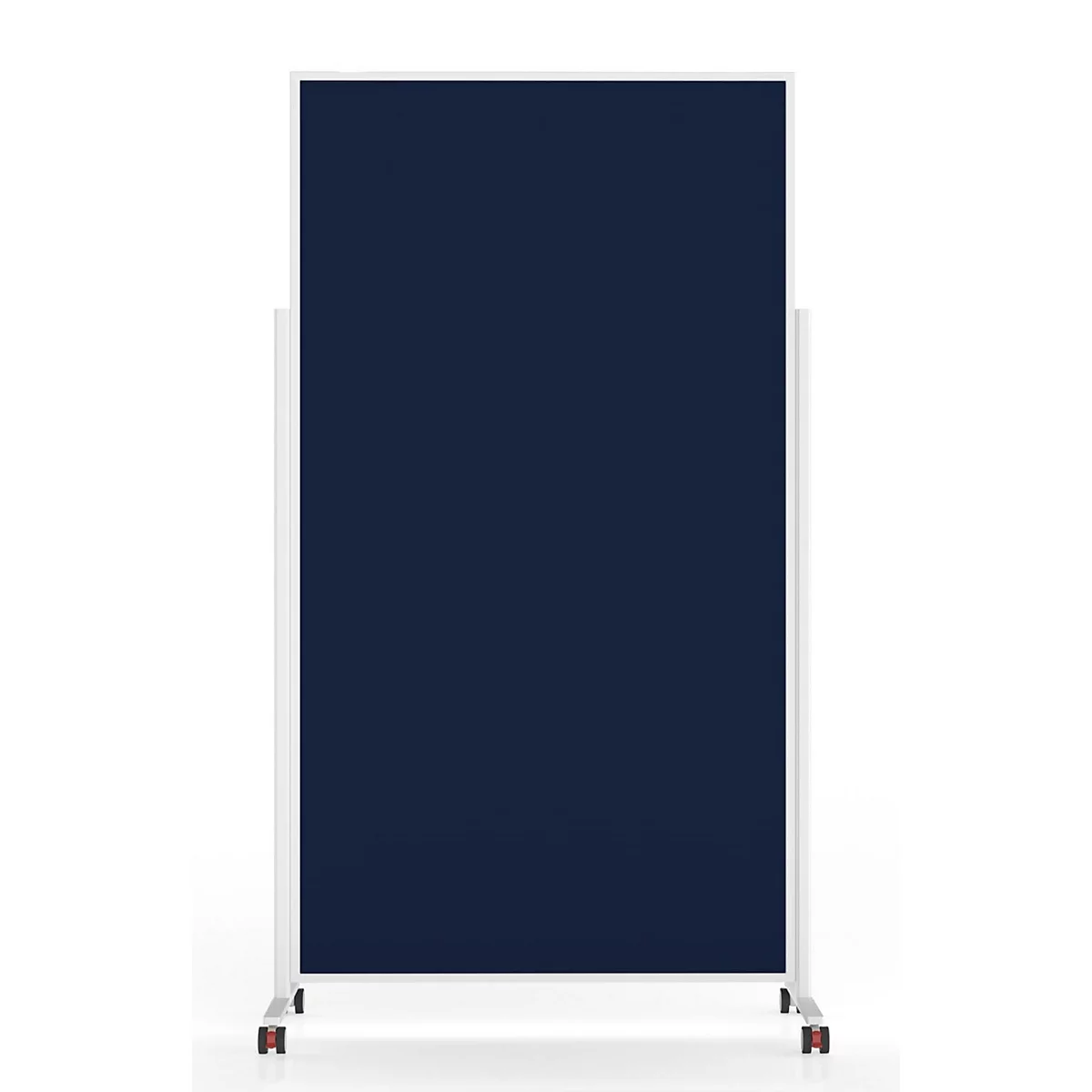 Een donkerblauw, verticaal scheidingswand met een wit frame op wielen tegen een witte achtergrond.