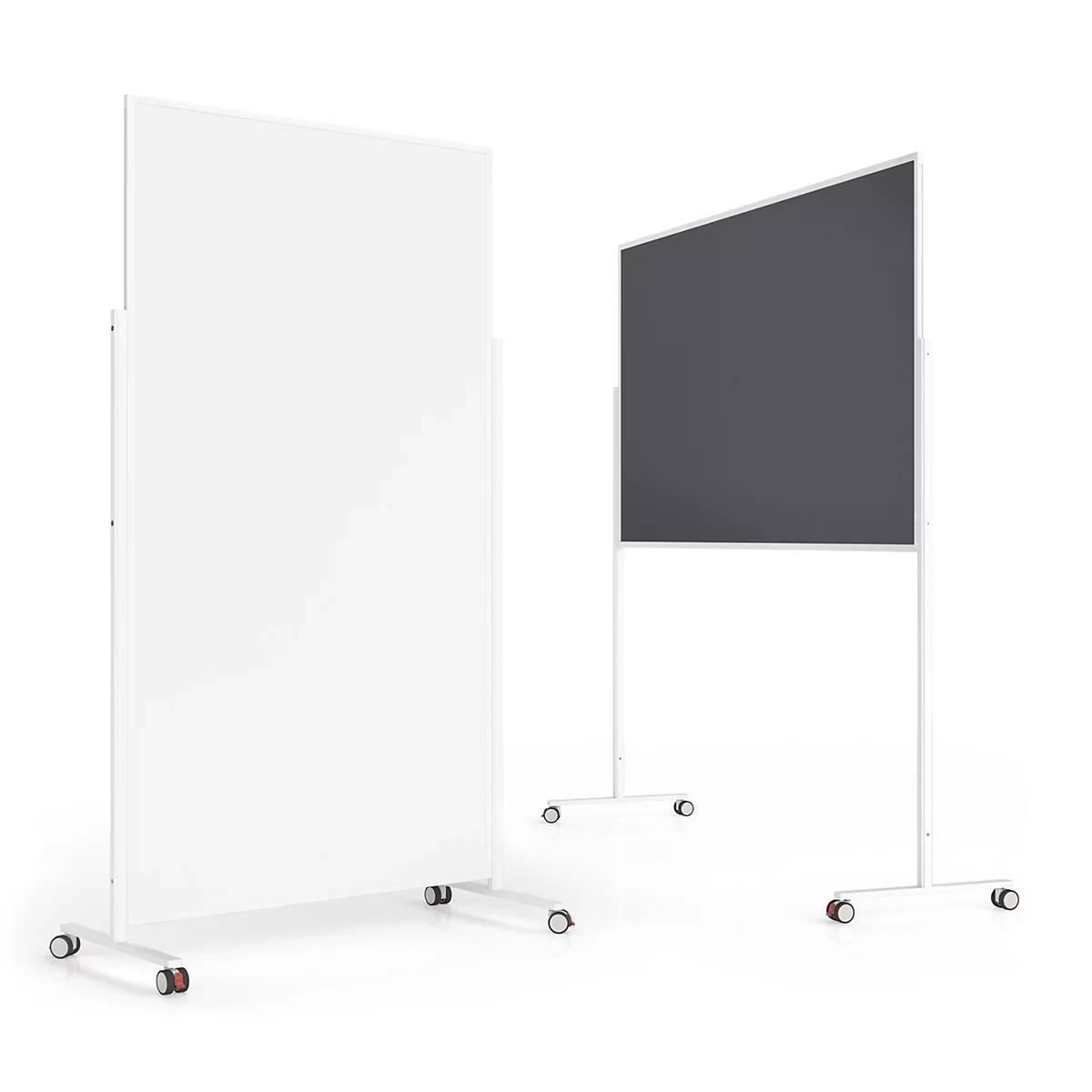 Twee verrijdbare whiteboards op standaards: een verticaal wit, een horizontaal donkergrijs.