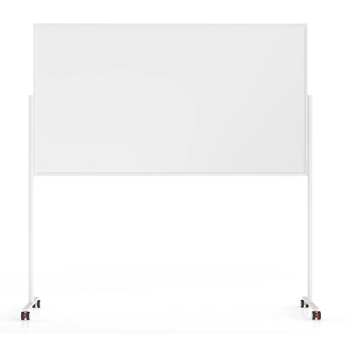 Een leeg, rechthoekig whiteboard op een wit verrijdbaar statief tegen een neutrale achtergrond.