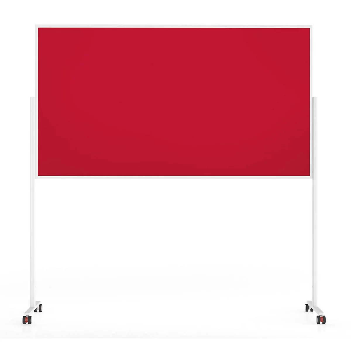 Rood, rechthoekig prikbord op een witte mobiele standaard met wieltjes voor een neutrale achtergrond.