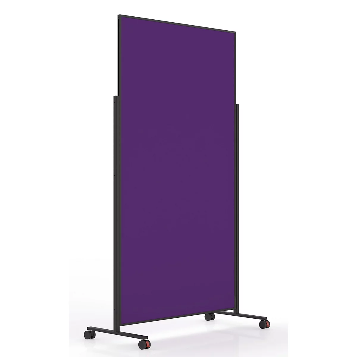 Mobile Trennwand mit violettem Paneel in schwarzem Metallrahmen auf vier Rollen.
