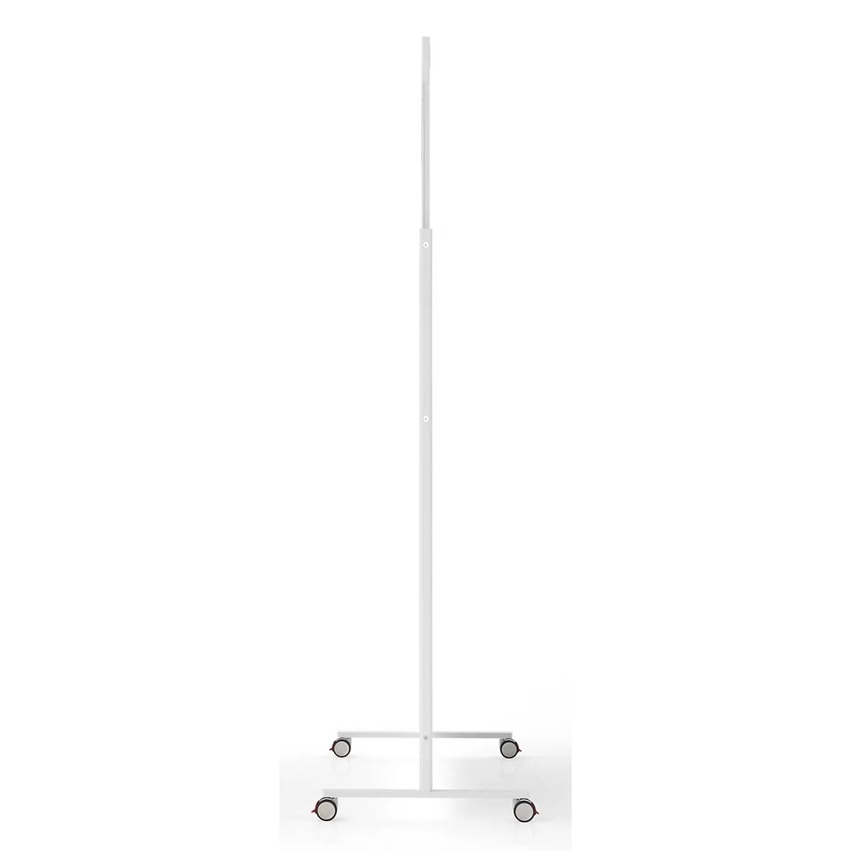 Seitenansicht eines weißen, mobilen Rollständers aus Metall auf vier kleinen Rädern.