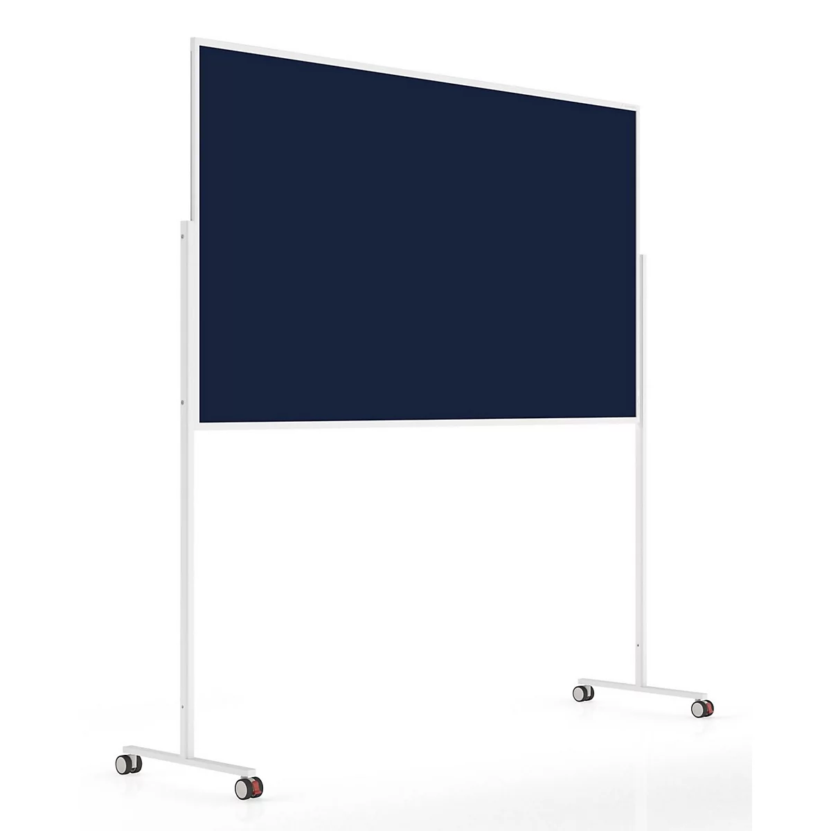 Dunkelblaue mobile Pinnwand mit weißem Metallrahmen und Rollen vor weißem Hintergrund.