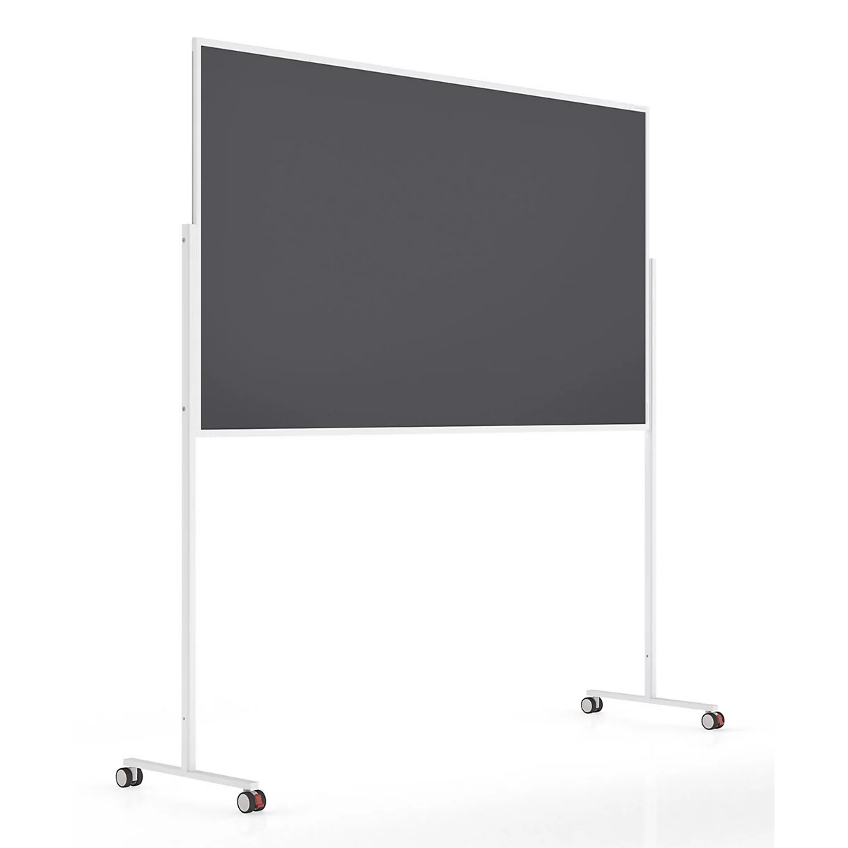 Ein freistehendes, mobiles Whiteboard mit grauem Schreibfeld in einem weißen Rahmen auf Rollen.