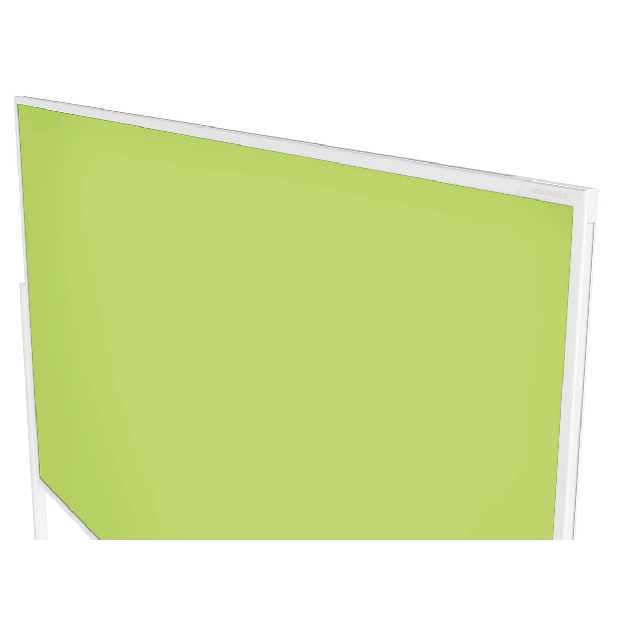 Hellgrüne magnetische Whiteboard-Fläche mit einem schmalen weißen Rahmen in perspektivischer Ansicht.