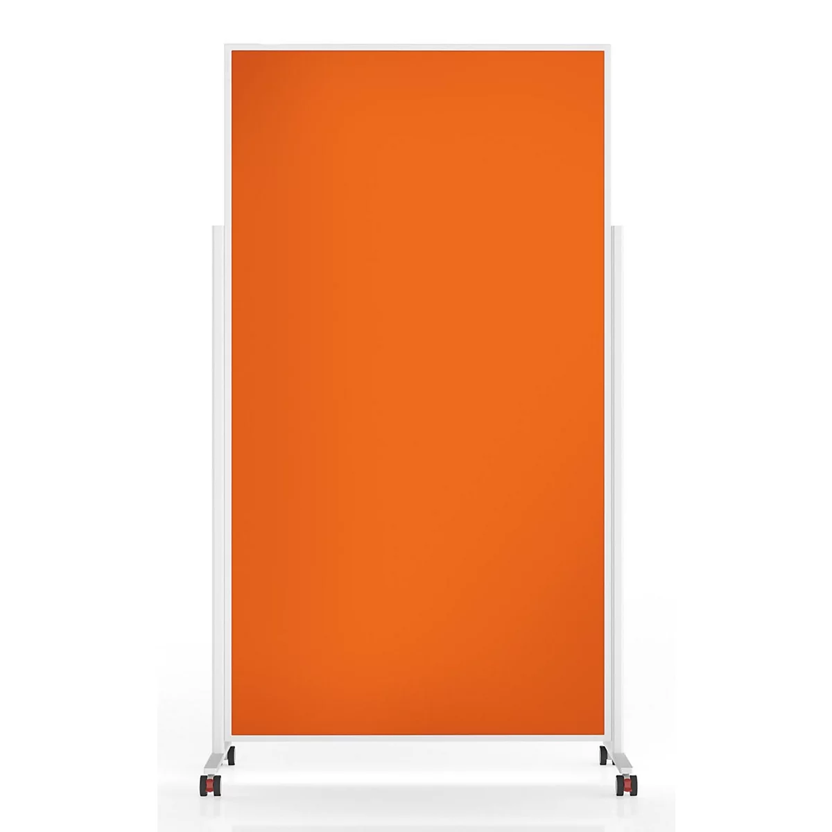 Rechteckige, orangefarbene Trennwand mit weißem Rahmen auf Rollen vor weißem Hintergrund.