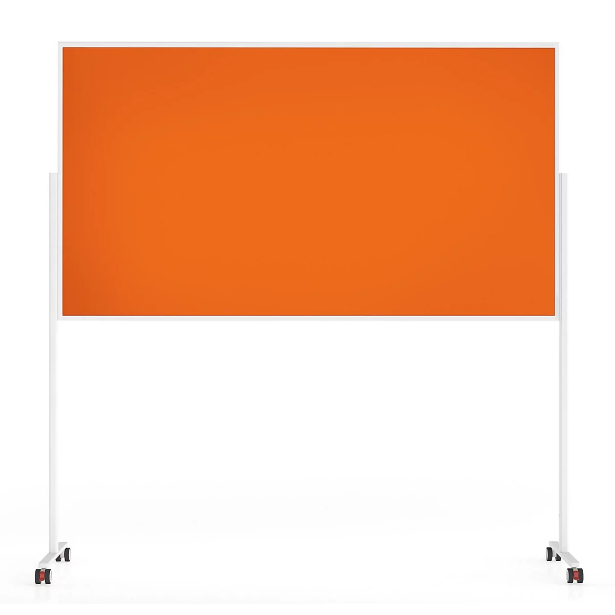 Eine rechteckige, orangefarbene Pinnwand auf einem weißen, rollbaren Gestell vor neutralem Hintergrund.